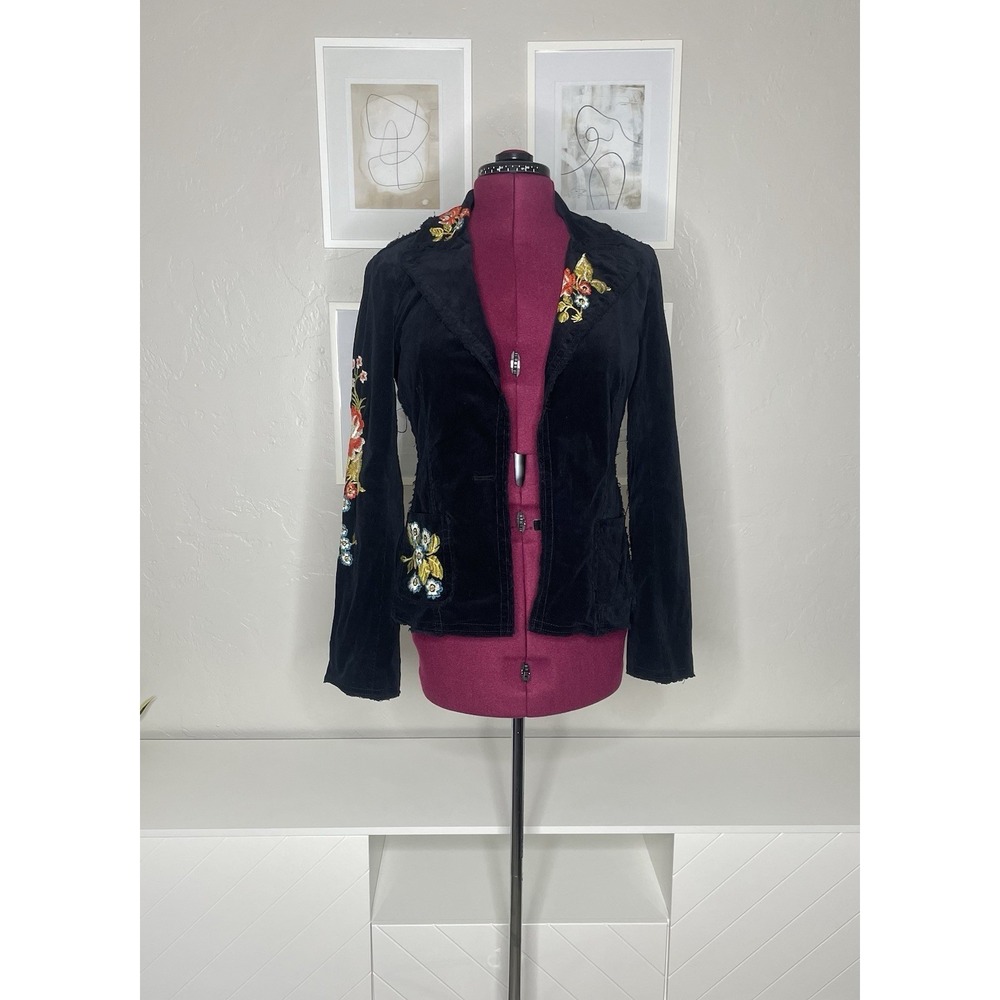 Johnny Was JW Los Angeles Blazer Jacket Women M Black Corduroy Floral Embroidery